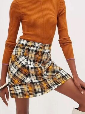 Anthropologie x Maeve Plaid Button-Front Mini Skirt In Yellow
